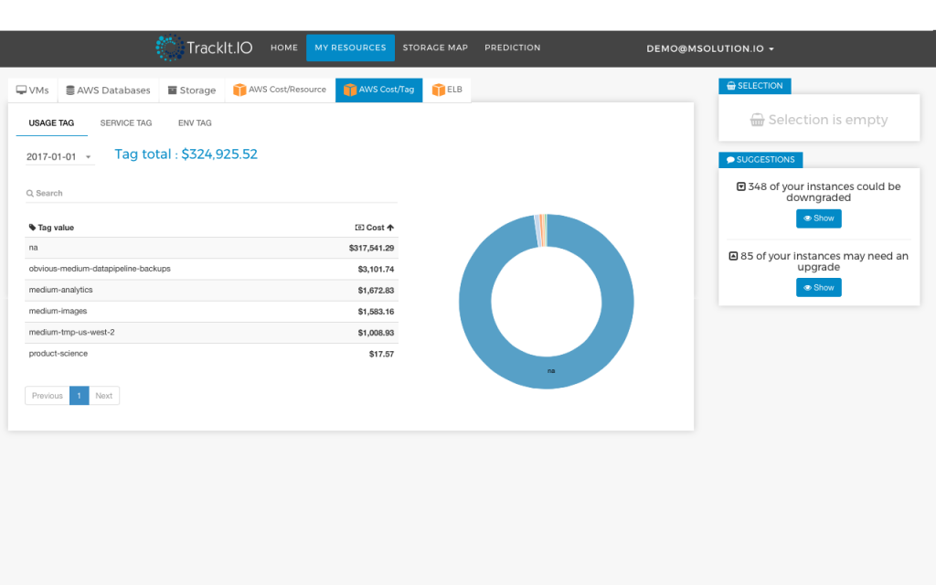 Cost/Tag tab shows resources by their given tag and the total cost per tag category