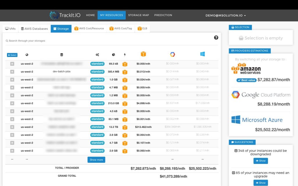 Storage tab provides a list of storage buckets across all your cloud providers